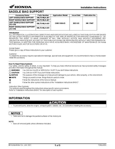 Honda CMX1100A/D Saddle Bag Support Installation Instructions
