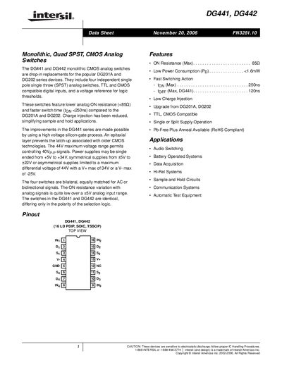 Intersil DG441/DG442 Datasheet - cover page