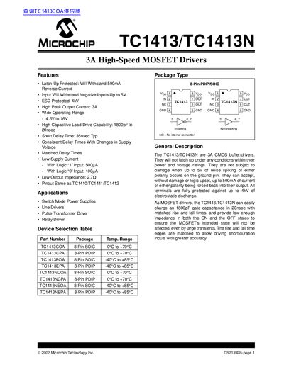 Microchip TC1413/TC1413N 3A High-Speed MOSFET Drivers Datasheet - cover page