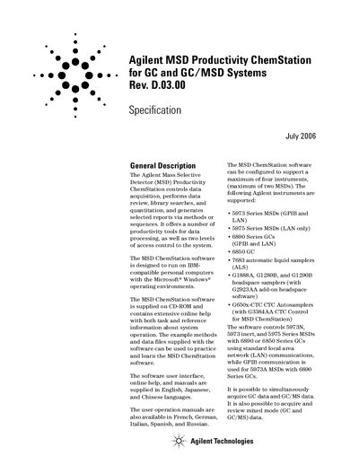 Agilent MSD Productivity ChemStation User Manual Rev. D.03.00 - cover page