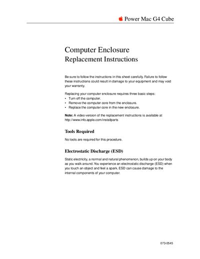 Apple Power Mac G4 Cube 073-0545 Computer Enclosure Replacement Instructions - cover page