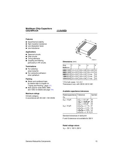 Siemens C0G/NP0/CH Multilayer Chip Capacitors Datasheet - cover page