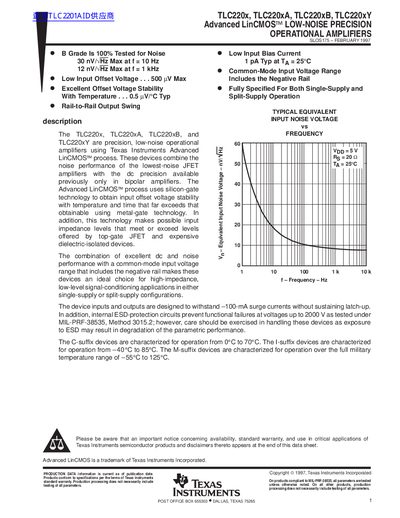 TEXAS INSTRUMENTS TLC220x TLC220xA TLC220xB TLC220xY Advanced LinCMOS LOW-NOISE PRECISION OPERATIONAL AMPLIFIERS DATA SHEET