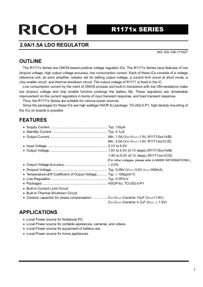 Ricoh R1171x Series LDO Regulator Datasheet - cover page