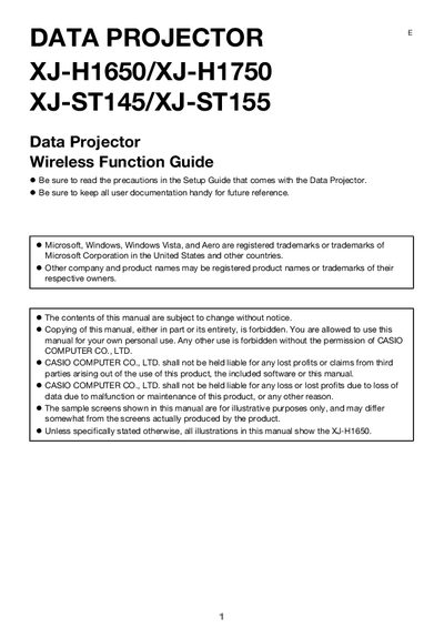 Casio XJ-H1650/XJ-H1750 Data Projector Wireless Function Guide - cover page
