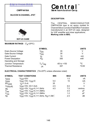 Central Semiconductor CMPF4416A Silicon N-Channel JFET Datasheet - cover page