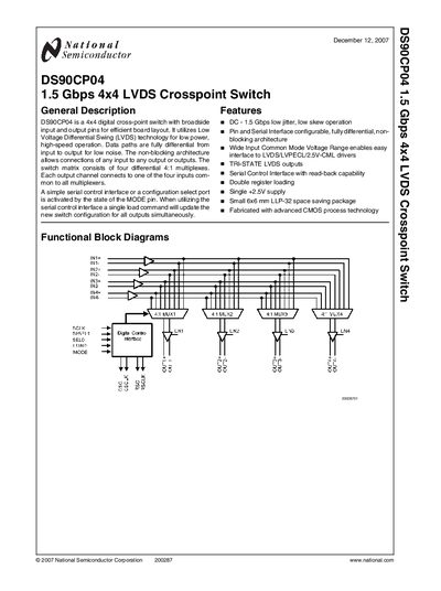 National Semiconductor DS90CP04 1.5 Gbps 4x4 LVDS Crosspoint Switch Datasheet - cover page