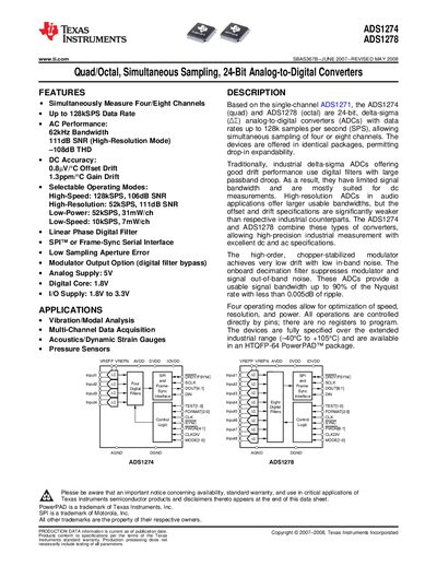 Texas Instruments ADS1274/ADS1278 Quad/Octal Simultaneous Sampling 24‑Bit ADC Datasheet - cover page