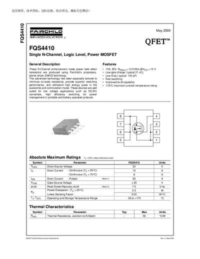 Fairchild FQS4410 Power MOSFET Datasheet