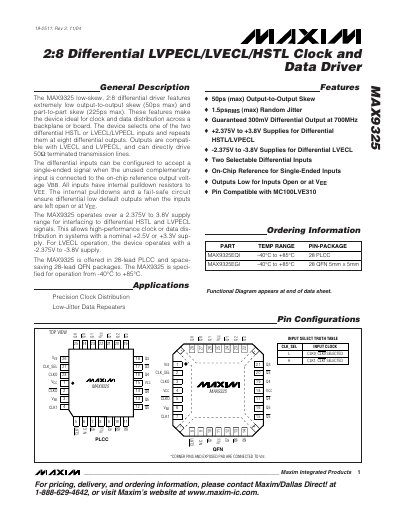 Maxim MAX9325 Differential LVPECL/LVECL/HSTL Clock and Data Driver Datasheet - cover page
