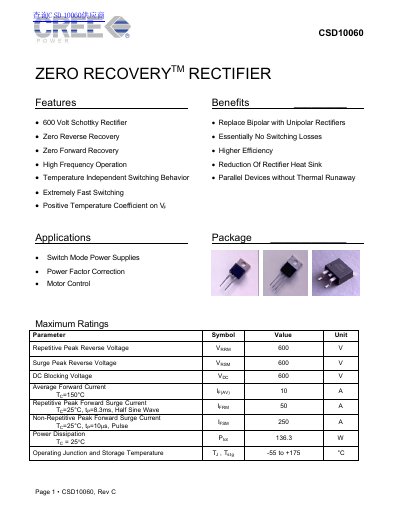 Cree CSD10060 Zero Recovery Rectifier Datasheet - cover page