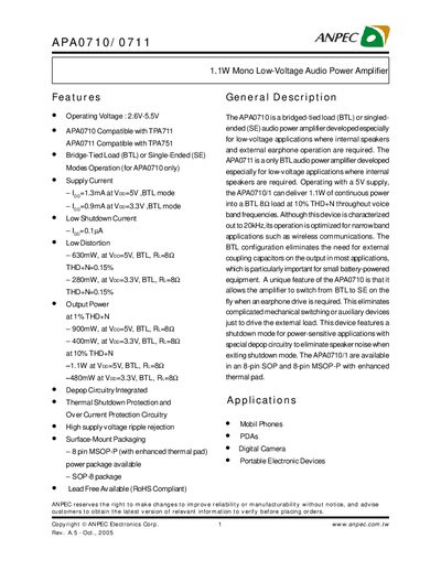 ANPEC APA0710/0711 Audio Power Amplifier Datasheet - cover page