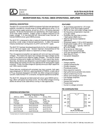 Advanced Linear Devices ALD1701A/ALD1701B/ALD1701/ALD1701G Operational Amplifier Datasheet - cover page