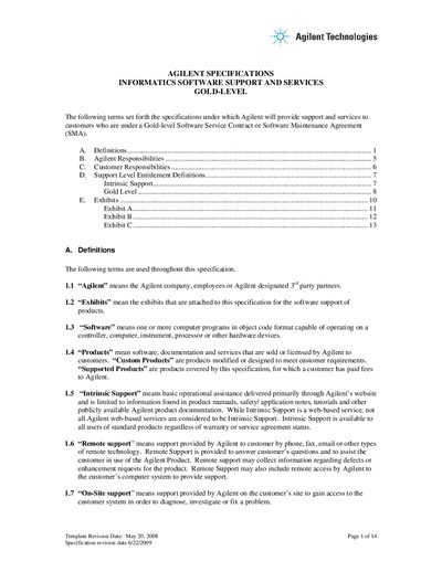 Agilent Informatics Software Support and Services Gold-Level Specification - cover page