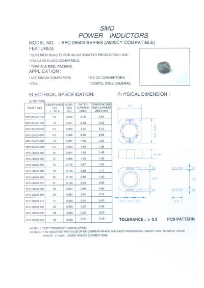 SMD SPC-06503 Series Power Inductors Datasheet - cover page