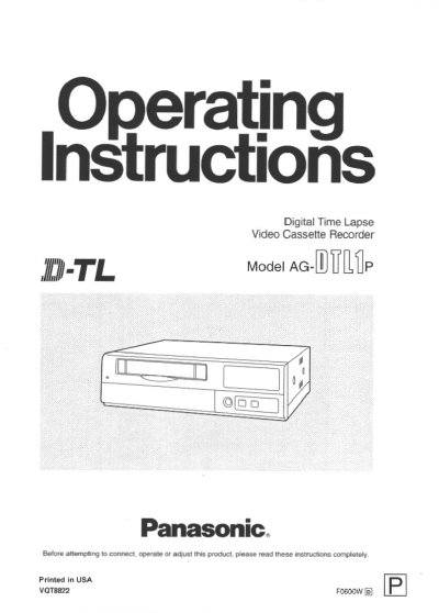 Panasonic AG-DTL1P Digital Time Lapse Video Cassette Recorder Operating Instructions - cover page