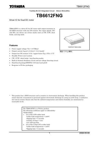 Toshiba TB6612FNG Driver IC Datasheet
