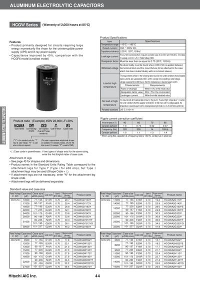 Hitachi HCGW Series Aluminum Electrolytic Capacitors Datasheet - cover page