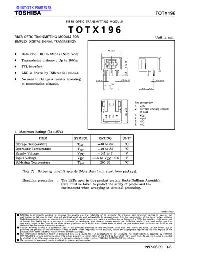 Toshiba TOTX196 Fiber Optic Transmitting Module Datasheet - cover page