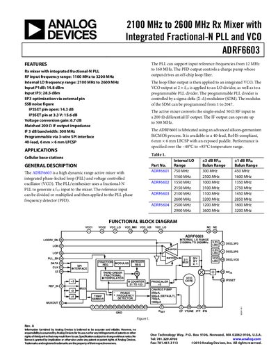 Analog Devices ADRF6603 Rx Mixer with Integrated PLL Datasheet - cover page