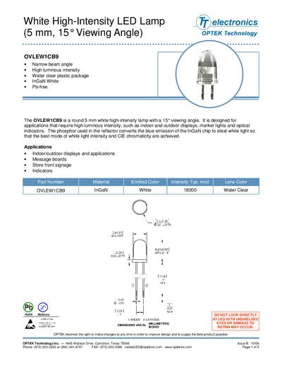 OPTEK OVLEW1CB9 White High-Intensity LED Lamp Datasheet - cover page