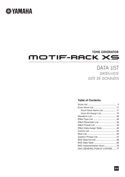 Yamaha MOTIF-RACK XS Tone Generator Voice and Effect Data List - cover page
