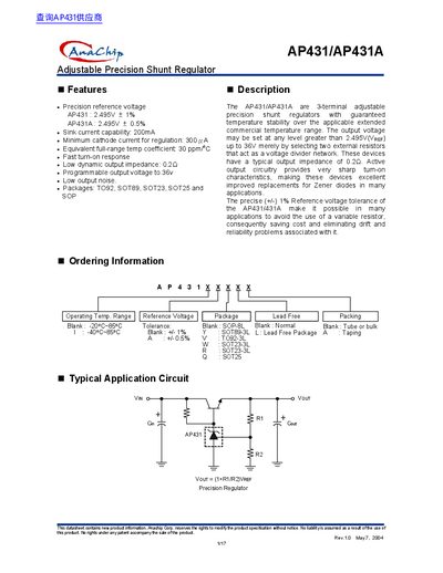 AnaChip AP431/AP431A Adjustable Precision Shunt Regulator Datasheet - cover page