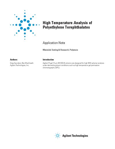 Agilent PLgel 10 um MIXED-B Columns High Temperature Analysis of Polyethylene Terephthalates Application Note - cover page