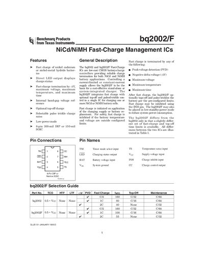 Texas Instruments bq2002/F Fast-Charge Management IC Datasheet - cover page