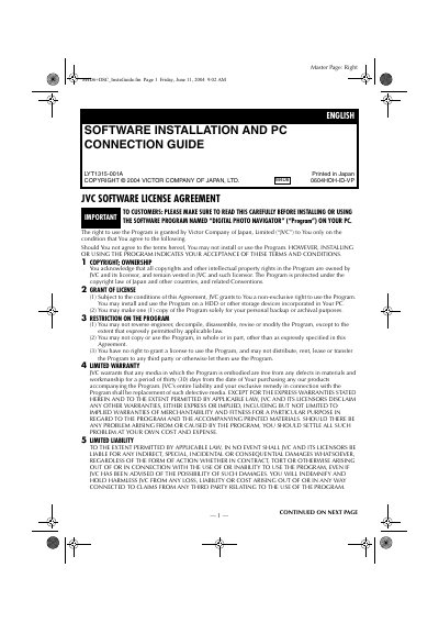 JVC Digital Photo Navigator Installation Guide and Software License Agreement - cover page