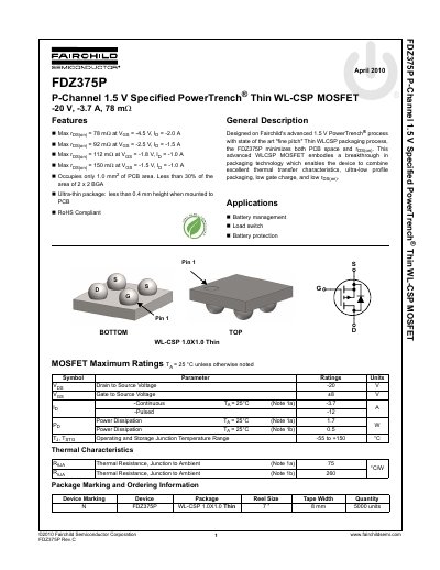 Fairchild FDZ375P P-Channel MOSFET Datasheet - cover page