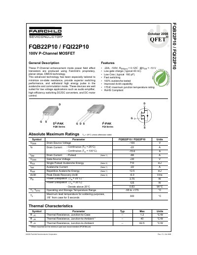 Fairchild Semiconductor FQB22P10/FQI22P10 100V P-Channel MOSFET Datasheet - cover page