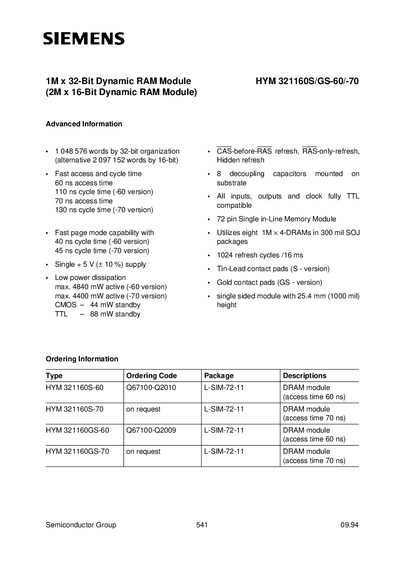 SIEMENS HYM 1M x 32-Bit Dynamic RAM Module 321160S/GS-60/-70 - cover page