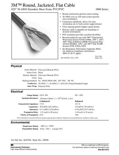 3M 3896 Series Round Jacketed Flat Cable Product Leaflet - cover page