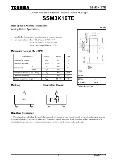 Toshiba SSM3K16TE N-Channel MOSFET Datasheet - cover page