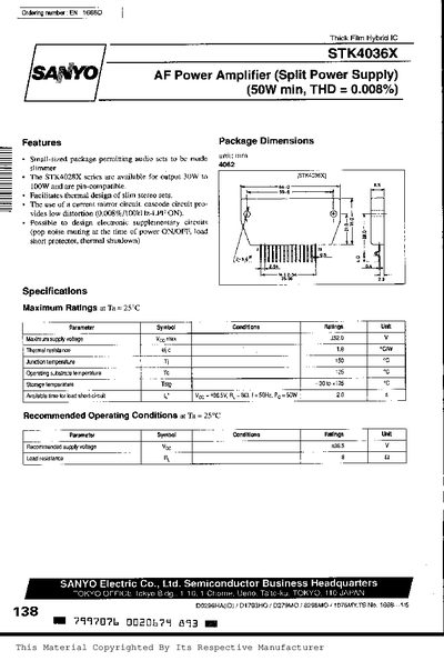 Sanyo STK4036X Thick Film Hybrid IC Datasheet - cover page