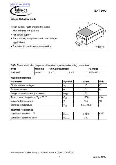 Infineon BAT 60A Silicon Schottky Diode Datasheet - cover page