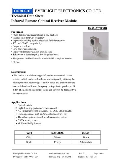 Everlight Electronics IRM-3738S18 Infrared Remote-Control Receiver Module Technical Data Sheet - cover page