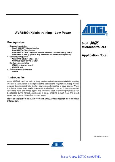 Atmel AVR1509 Low Power Training Handbook - cover page