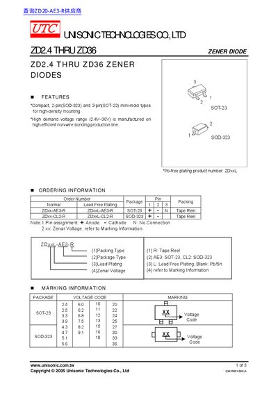 Unisonic ZD2.4‑ZD36 Zener Diode Datasheet - cover page