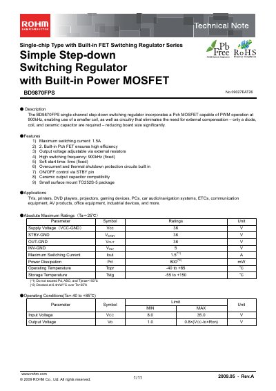 ROHM BD9870FPS Switching Regulator Technical Note - cover page
