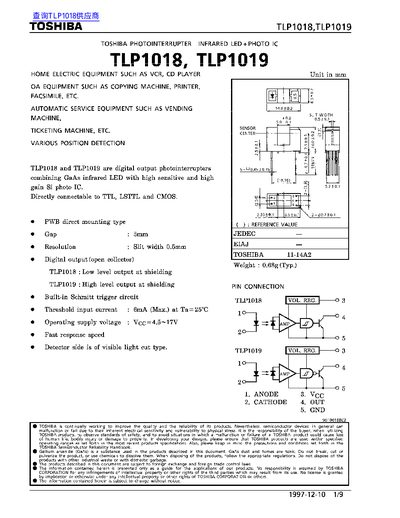 Toshiba TLP1018/TLP1019 Photointerrupter Datasheet - cover page