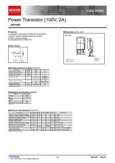 ROHM 2SD1980 Datasheet - cover page
