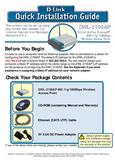 D-Link DWL-2100AP Quick Installation Guide