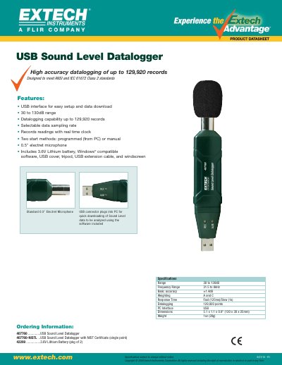 EXTECH 407760 ..............USB Sound Level Datalogger 407760-NISTL ..USB Sound Level Datalogger with NIST Certificate (single point) 42299 ................3.6V Lithium Battery (pkg of 2) User's Man - cover page