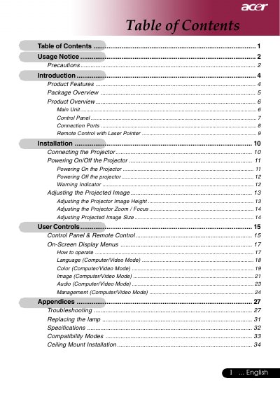 Acer XGA Single Chip DLP Projector User Manual - cover page