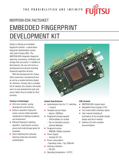 Fujitsu MDFP200-EDK Embedded Fingerprint Development Kit Factsheet - cover page