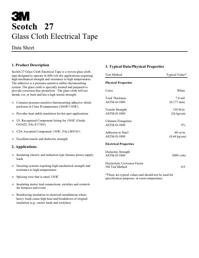 3M Scotch 27 Glass Cloth Electrical Tape Data Sheet - cover page