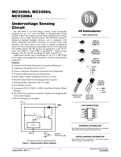 ON Semiconductor MC34064, MC33064, NCV33064 Undervoltage Sensing Circuit Datasheet - cover page
