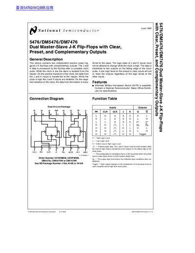 National Semiconductor 5476/DM5476/DM7476 Dual Master-Slave J-K Flip-Flops Datasheet - cover page